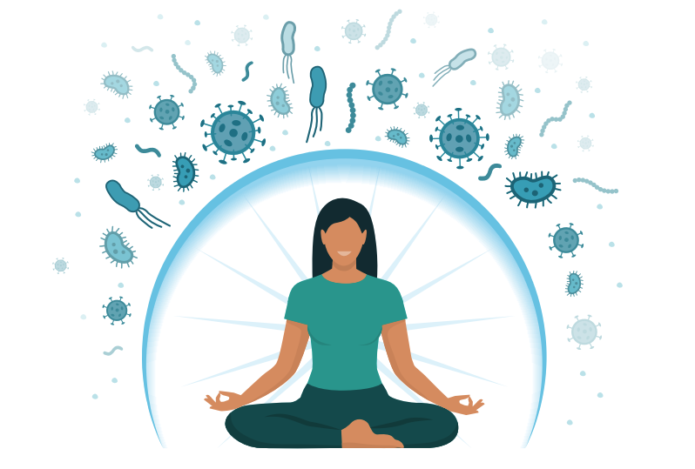 Person meditating in a protective bubble surrounded by illustrations of germs and viruses.